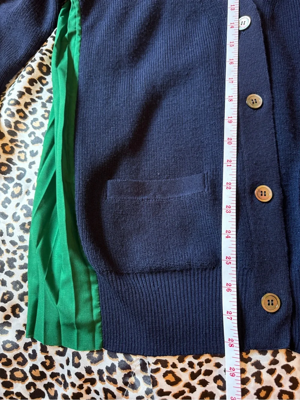Sacai Navy Cardigan with Emerald Green Accents